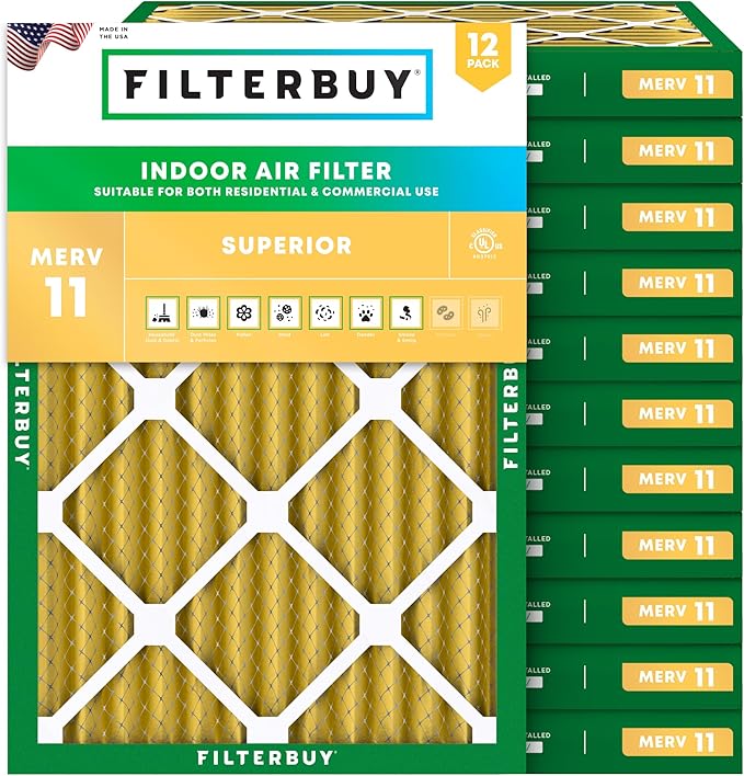 Filterbuy 17.25x23.25x2 Air Filter MERV 11 Superior Pet & Allergy Defense (12-Pack), Electrostatic Pleated HVAC AC Furnace Filters Replacement, Made in USA (Actual Size: 17.25 x 23.25 x 1.75)