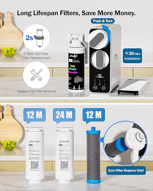 Frizzlife Reverse Osmosis Water Filter - Alkaline Mineral pH+, NSF/ASNI 58&53&42&372 Standard, 600GPD Tankless RO Reverse Osmosis System, Under Sink, 2:1 Pure to Drain, Reduce FPAS/PFOA, PD600-TAM3