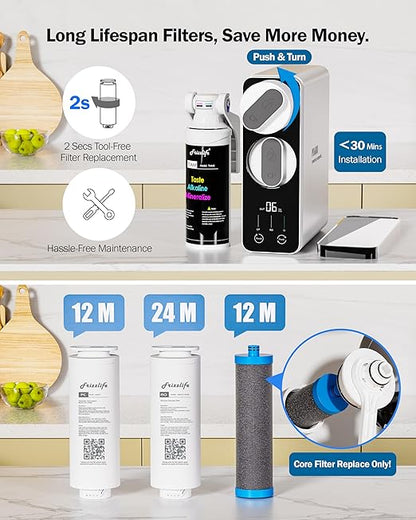 Frizzlife Reverse Osmosis Water Filter - Alkaline Mineral pH+, NSF/ASNI 58&53&42&372 Standard, 600GPD Tankless RO Reverse Osmosis System, Under Sink, 2:1 Pure to Drain, Reduce FPAS/PFOA, PD600-TAM3