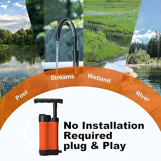 Portable Water Filter Pump, 0.01 Micron Manual Survival Water Purifier for Camping Hiking Backpacking Emergency, Fast Flow Removes Harmful Substances & Sediment (K8188-Orange)