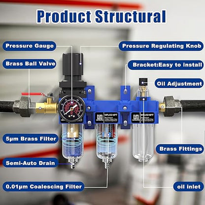 NEWPO 1/4" NPT Compressed Air Filter Regulator Lubricator Combo, Water/Oil Trap Separator,Brass Filter & Coalescing Filter,Semi-Auto Drain,Metal Bracket-Blue
