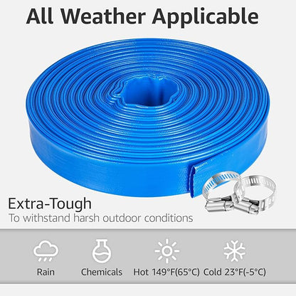 1.5" x 100 FT Pool Backwash Hose, Heavy Duty PVC Discharge Hose, Lay Flat Discharge Hose with 2 Clamps, Pool Drain Hoses for Inground Pools, Pool Filter, Weather and Burst Resistant, 6 Bar