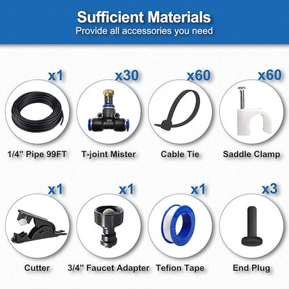Misters for Outside Patio,Outdoor Water Misting Cooling System,99FT|30M.Backyard Mist Kit for Garden,Greenhouse,Fan,Deck,Umbrella,Canopy,Pool,Porch.Trampoline Sprinkler Park,BBQ Party Accessories