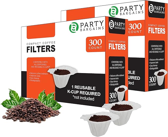 PARTY BARGAINS 600 Compact White Coffee Filter Liners – Disposable, Compatible with Keurig Brewers & K-Cup Reusable Pods, Single-Serve Paper Filters
