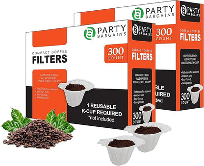 PARTY BARGAINS 600 Compact White Coffee Filter Liners – Disposable, Compatible with Keurig Brewers & K-Cup Reusable Pods, Single-Serve Paper Filters