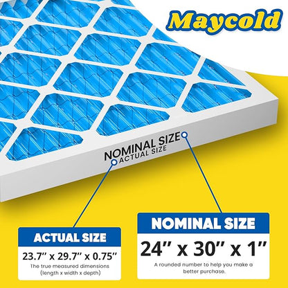 Maycold 24x30x1 MERV 11 Furnace Air Filter (6-Pack), High-Performance HVAC AC Filters for Home Use, Actual Size: 23.70” x 29.70” x 0.75”, Individually Wrapped in Plastic
