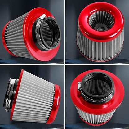 3" 76mm Universal High Flow Cold Air Intake Air Filter Upgraded Stainless Steel Cone Filter(Red)