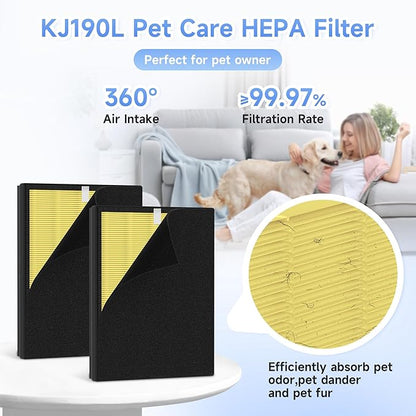 4 Packs KJ190L Pet Care Replacement Filter Compatible with MOOKA KJ190L Air Purifi-er, Washable 3-Stage Filtration for Smoke, Pollen, Dust, Hair, Activated Carbon for Odor & Dander Control, Yellow