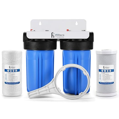 iFilters Whole House Filtration System Complete Dual Stage Sediment Chlorine Taste Odor VOC's, 1" Ports, Multicolor