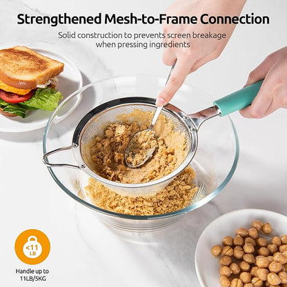 U-Taste Medium Fine Mesh Strainer: 18/8 Stainless Steel 4.73in 30 Mesh Kitchen Food Sieve with Sturdy Riveted Silicone Handle, Heavy Duty Deep Handheld Metal Colander for Rice, Quinoa, Flour(Aqua Sky)