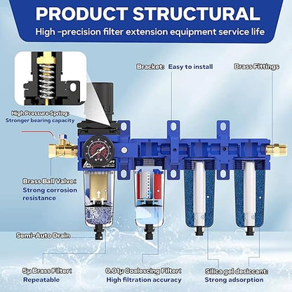 3/8 Inch NPT 4 Stage Air Drying System,Brass Filter, Coalescing Filter,Double Desiccant Dryers & Air Regulator,Metal Bowl, Semi-Auto Drain,Industrial Grade(Blue)
