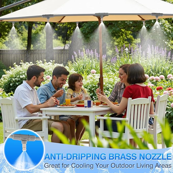 25FT Misters for Outside Patio - 6 Mist Brass Nozzles & 3/4'' Adapter, Water Misters for Cooling Outdoor, Easy to Install, Misting System for Patio, Pool, Garden, Waterpark, Trampoline, Greenhouse