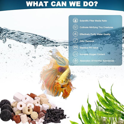 Aquarium Filter Media 12 Species Bio Balls Ceramic Rings Activated Carbon Filter Media Kit with Free Mesh Bag for Fish Tank Pond Canister Filter
