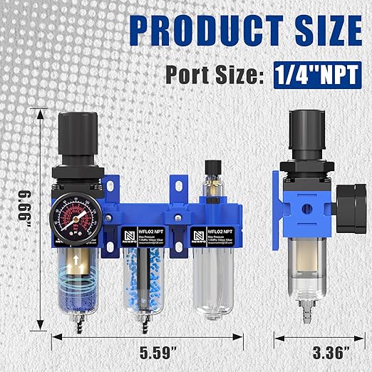 NEWPO 1/4" NPT Compressed Air Filter Regulator Lubricator Combo, Water/Oil Trap Separator,Brass Filter & Desiccant Dryers,Semi-Auto Drain,Metal Bracket-Blue