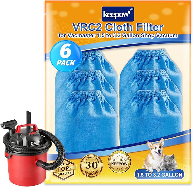 KEEPOW 1.5–3.2 Gallon Cloth Filter Compatible with Armor All AA155 AA255 AA255W AA256 VOM205P, Also fit for Vacmaster Wet/Dry Vacuums, Reusable, Washable Shop Vac Replacement Filter 6‑Pack