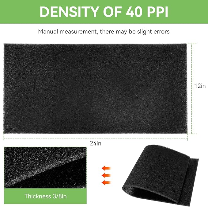 BF-2 Air Filter Foam Sheet Material Universal Filter Foam for UNI 12" x 24" x 3/8" - 40 PPI Air Filter Aquarium Sponge Filter Fit Air Conditioner, Purifier, Aquarium for Cutting and Washable