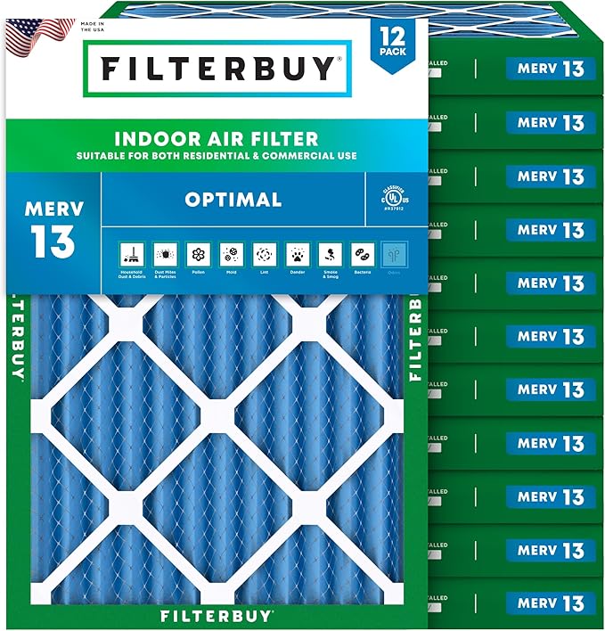 Filterbuy 13x20x2 Air Filter MERV 13 Optimal Smoke & Allergy Defense (12-Pack), Electrostatic Pleated HVAC AC Furnace Filters Replacement, Made in USA (Actual Size: 13.00 x 20.00 x 1.75)