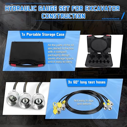 SINOCMP Hydraulic Pressure Test Kit with 3 Gauges 10/25/40 Mpa, 3 Long Hoses 6 Couplings Diagnosis Gauge Tester Set for Excavator Construction Engineering Machinery Equipment