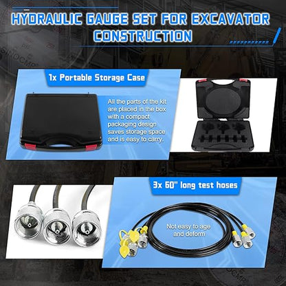 SINOCMP Hydraulic Pressure Test Kit with 3 Gauges 10/25/40 Mpa, 3 Long Hoses 6 Couplings Diagnosis Gauge Tester Set for Excavator Construction Engineering Machinery Equipment