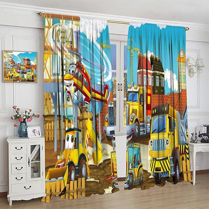 Kids Cartoon Construction Window Curtains, Funny Construction Site Cars and Helicopter Rod Pocket Decorative Windows Curtain for Children Teens Room Decor 42x45in (30% Blackout)