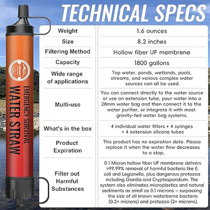 Water Filter Straw, Emergency Water Filtration System, Personal Water Purifier, Outdoor Survival Gear and Equipment for Hiking Camping Accessories Travel Fishing Emergency Preparedness (4PCS)