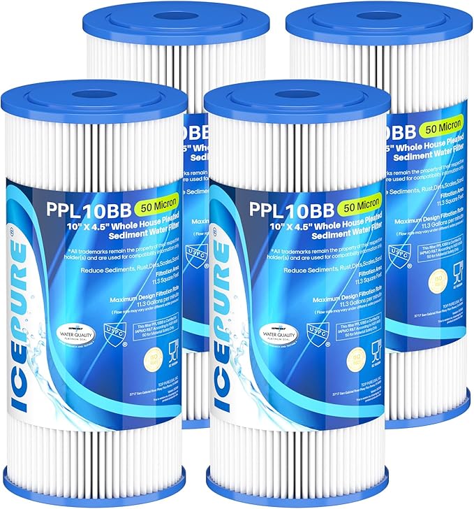 ICEPURE 50 Micron 10" x 4.5" Whole House Extra Coarse Pleated Sediment Filter for Well Water, Replacement Cartridge for GE FXHSC, Culligan R50-BBSA, DuPont WFHDC3001, W50PEHD, R50-BB, 4Pack