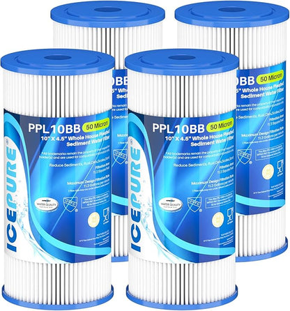 ICEPURE 50 Micron 10" x 4.5" Whole House Extra Coarse Pleated Sediment Filter for Well Water, Replacement Cartridge for GE FXHSC, Culligan R50-BBSA, DuPont WFHDC3001, W50PEHD, R50-BB, 4Pack