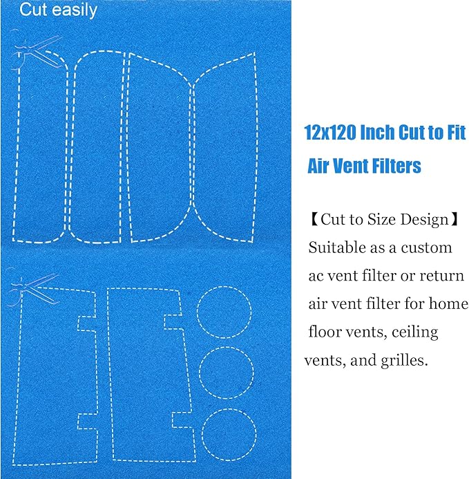 Air Vent Filter, 12x120 Inch Cut to Fit Air Vent Filters, MERV-6 Reusable for Home Ceiling, Grilles, HVAC Vent– Includes 48 Adhesive Hooks
