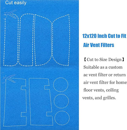 Air Vent Filter, 12x120 Inch Cut to Fit Air Vent Filters, MERV-6 Reusable for Home Ceiling, Grilles, HVAC Vent– Includes 48 Adhesive Hooks