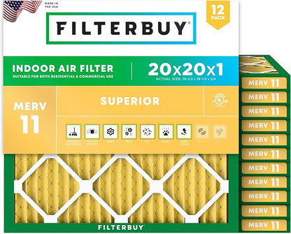 Filterbuy 20x20x1 Air Filter MERV 11 Superior Pet & Allergy Defense (12-Pack), Electrostatic Pleated HVAC AC Furnace Filters Replacement, Made in USA (Actual Size: 19.50 x 19.50 x 0.75)