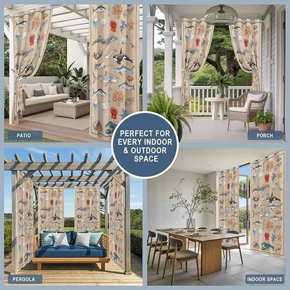 Vintage Outdoor Curtains for Patio Sharks Whales Lobsters Biographies Waterproof Outside Curtains with Grommet Top Weatherproof Curtain for Cabana Pergola Gazebo, 2 Pack, 54" W x 95" L