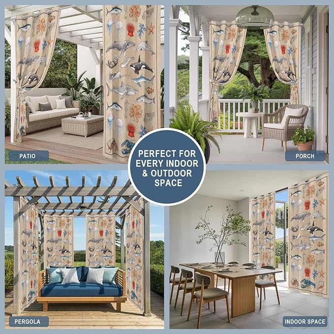 Vintage Outdoor Curtains for Patio Sharks Whales Lobsters Biographies Waterproof Outside Curtains with Grommet Top Weatherproof Curtain for Cabana Pergola Gazebo, 1 Panel, 54" W x 108" L