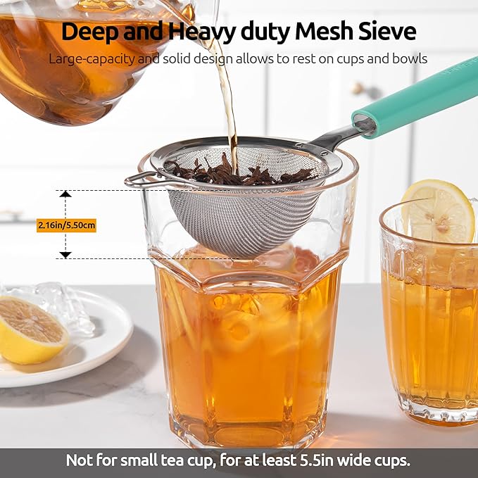 U-Taste Small Fine Mesh Strainer: 18/8 Stainless Steel 3.35in 30 Mesh Kitchen Food Sieve with Sturdy Riveted Silicone Handle, Heavy Duty Deep Handheld Metal Colander for Tea, Juice (Aqua Sky)