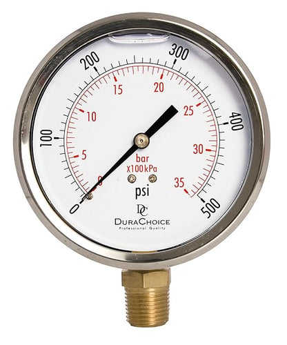 4" Oil Filled Pressure Gauge - Stainless Steel Case, Brass, 1/2" NPT, Lower Mount Connection, 0-500PSI