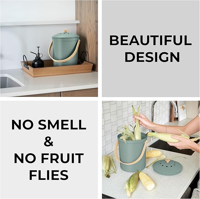 Beautiful Kitchen Compost Bin with Smell Proof Lid - Rust Proof and Odorless Compost Bucket for Your Countertop with No Smell Filters - Easy to Clean 1.1 Gallon Bin Looks Great On Any Kitchen Counter