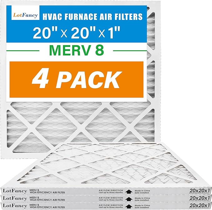 LotFancy 20x20x1 Air Filter MERV 8 4-Pack, Electrostatic Pleated Furnace & AC Filter, Captures Dust, Pet Hair, Pollen, Actual Size: 19.75"x19.75"x0.75"