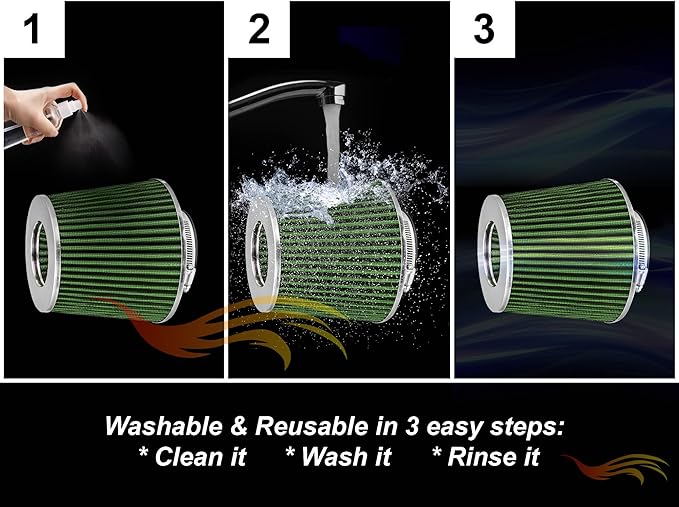 Rtunes Racing Universal Clamp-On Air Filter, Standard Cone, Dry Washable Design, Multiple Inlet Sizes (Green, 3.25" Inch)