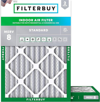 Filterbuy 24x30x2 Air Filter MERV 8 Essential Dust & Allergy Defense (2-Pack), Electrostatic Pleated HVAC AC Furnace Filters Replacement, Made in USA (Actual Size: 23.50 x 29.50 x 1.75)
