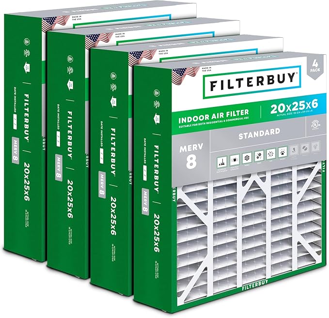 Filterbuy 20x25x6 Air Filter MERV 8 Essential Dust & Allergy Defense (4-Pack), Pleated HVAC AC Furnace Filters for AprilAire Space-Gard 201, 2200, 2250, & Lennox (Actual Size: 19.75 x 24.25 x 6.00)