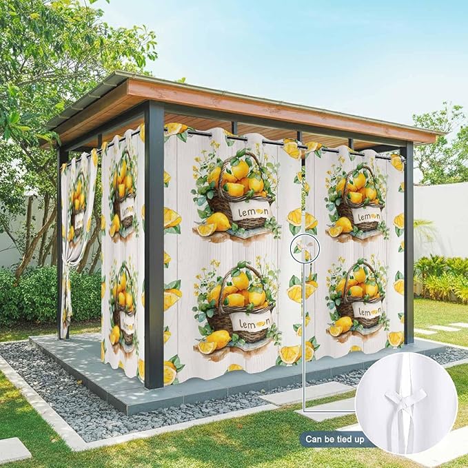 Lemon Outdoor Curtains for Patio Lemons Baskets Summer Tropical Plant Wood Waterproof Outside Curtains with Grommet Top Weatherproof Curtain for Cabana Pergola Gazebo, 2 Pack, 54" W x 95" L