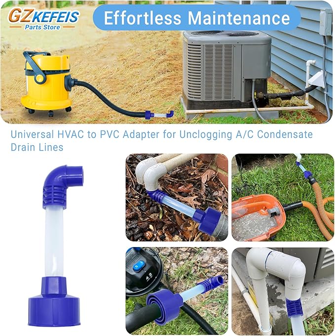 AC Drain Line Cleaner Tool, Universal HVAC to PVC Adapter for Unclogging A/C Condensate Drain Lines - Wet Vac Attachment for Efficient Evacuation, Blue, 1 Pack