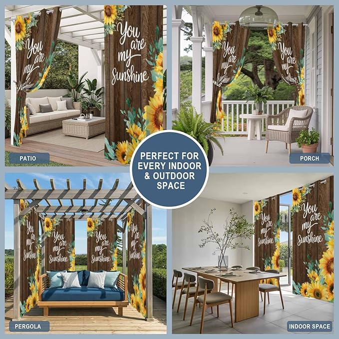 Summer Outdoor Curtains for Patio Sunflowers Eucalyptus Leaves Wood Waterproof Outside Curtains with Grommet Top Weatherproof Curtain for Cabana Pergola Gazebo, 2 Pack, 54" W x 108" L