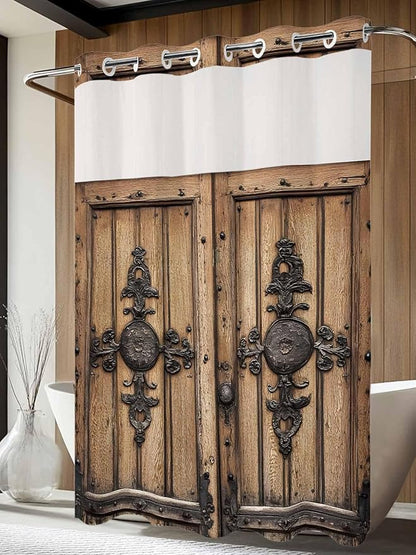 Wood Barn Door No Hook Shower Curtain with Snap in Liner Set, Waterproof Shower Curtains for Bathroom, Wooden Plank Fabric Shower Curtain, See Through Mesh Top Window, 48" W x 72" L