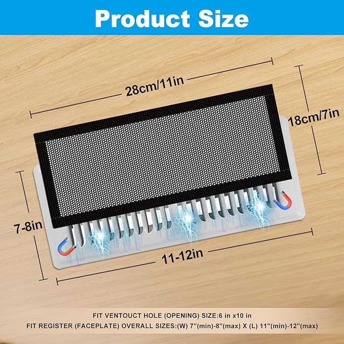 6-Pack Black Magnetic Vent Covers 7x11 Inch - Universal Fit for Floor, Wall & Ceiling Registers (7"-8" Width x 11"-12"Length) | High Airflow Mesh Design | Tool-Free Easy Installation