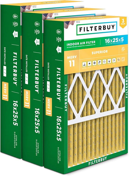 Filterbuy 16x25x5 Air Filter MERV 11 Superior Pet & Allergy Defense (3-Pack), Pleated HVAC AC Furnace Filters for Honeywell FC100A1029, Lennox X6670, and More (Actual Size: 15.75 x 24.75 x 4.38)