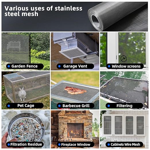 20 Mesh 304 Stainless Steel Mesh Screen, 47''×118''（120cm×300cm） Wire Screen Mesh, Rust Free Woven Wire Mesh, Metal Mesh Screen for Air Vents, Window Screen, Filters, Cage,Garden Covers