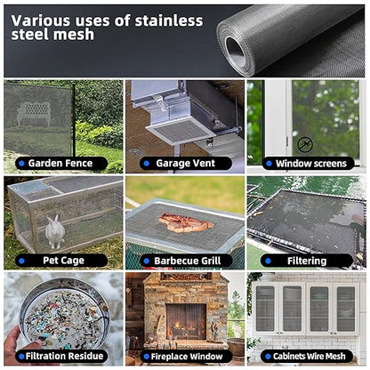 20 Mesh 304 Stainless Steel Mesh Screen, 47''×118''（120cm×300cm） Wire Screen Mesh, Rust Free Woven Wire Mesh, Metal Mesh Screen for Air Vents, Window Screen, Filters, Cage,Garden Covers (Black)