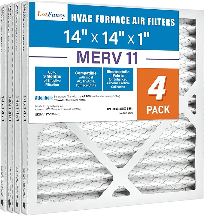 LotFancy 14x14x1 Air Filter MERV 11 4-Pack, Electrostatic Pleated AC Furnace Air Filter, Captures Dust, Smog & Pet Dander, Actual Size: 13.75"x13.75"x0.75"