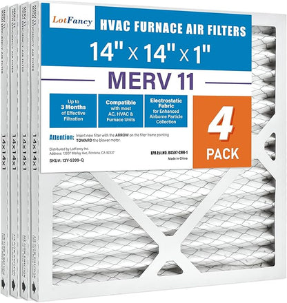 LotFancy 14x14x1 Air Filter MERV 11 4-Pack, Electrostatic Pleated AC Furnace Air Filter, Captures Dust, Smog & Pet Dander, Actual Size: 13.75"x13.75"x0.75"
