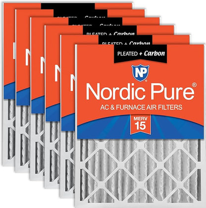Nordic Pure 20x20x4 (Actual Size: 19 1/2 x 19 1/2 x 3 5/8) Pleated Air Filters MERV 15 Plus Carbon 6 Pack